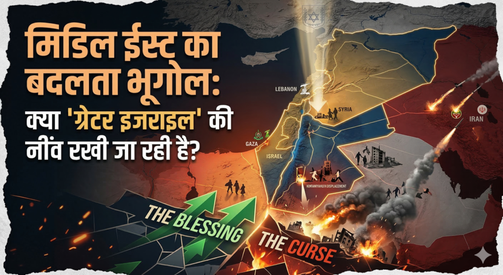 मिडिल ईस्ट का नक्शा जिसमें इजराइल, लेबनान और ईरान के बीच संघर्ष, The Blessing और The Curse के संकेतों के साथ 'ग्रेटर इजराइल' की अवधारणा को दर्शाया गया है।