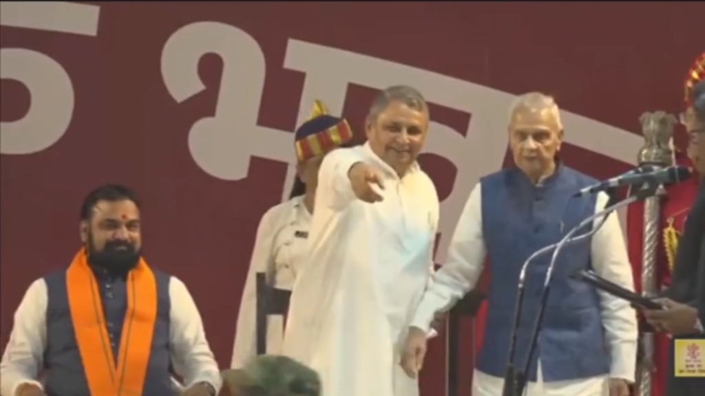 Bijendra Yadav and Nitish Kumar smiling at Raj Bhavan Patna