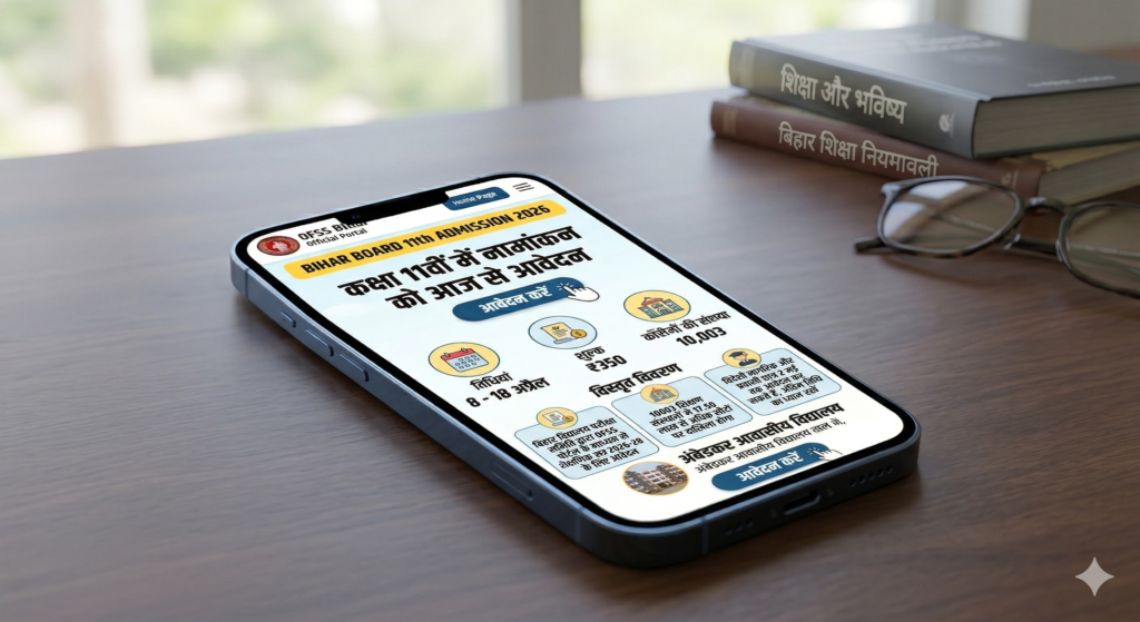 OFSS बिहार बोर्ड कक्षा 11वीं ऑनलाइन नामांकन 2026 आवेदन प्रक्रिया की जानकारी स्मार्टफोन स्क्रीन पर
